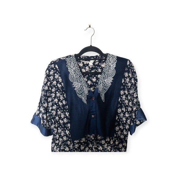 Vintage 80s GASPE Navy Floral Maxi Dress Lace Retro SZ M Cottage Core - Picture 4 of 11